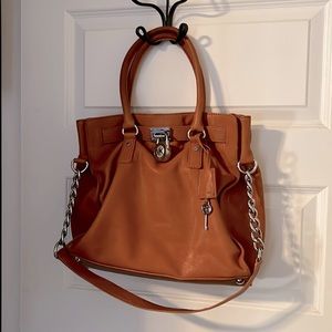 Michael Kors Hamilton Soft Leather Tan Satchel Bag with Silver Lock and Key Fob